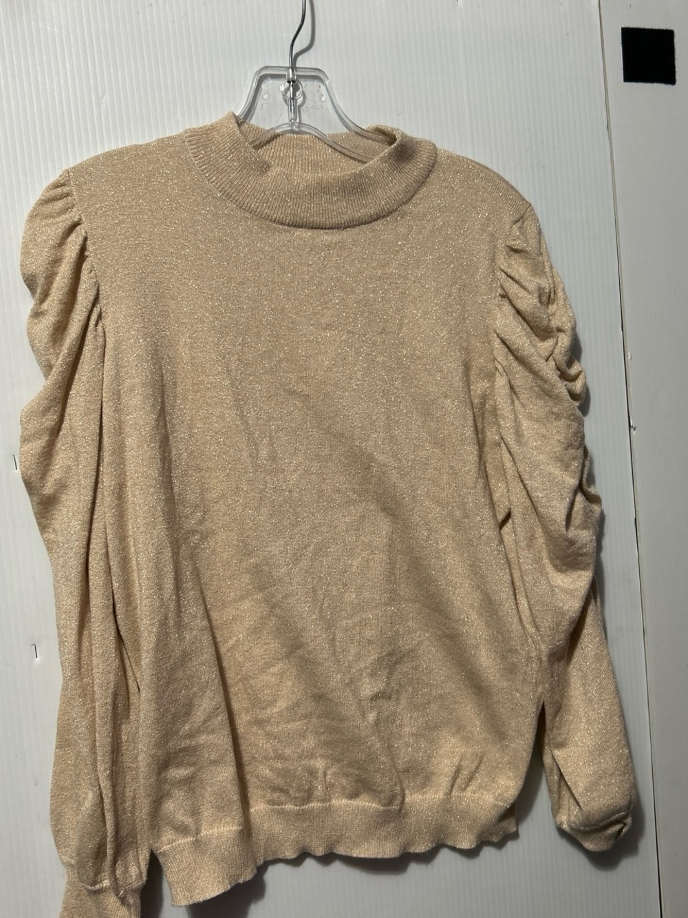 Studio Metallic Ruched-Sleeve Mock Neck Sweater - Beige
